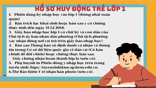 Thông báo về việc tiếp nhận hồ sơ học sinh lớp 1 năm học 2024-2025. Từ ngày 10/7/2024 đến 25/7/2024 trường tiếp nhận hồ sơ trái tuyến lớp 1 trong và ngoài quận. Phụ huynh học sinh liên hệ trực tiếp văn phòng nhà trường để được hướng dẫn.