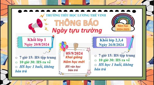 Trường Tiểu học Lương Thế Vinh trân trọng thông báo về thời gian nhập học, việc tổ chức đưa đón học sinh và công tác bán trú năm học 2024-2025.