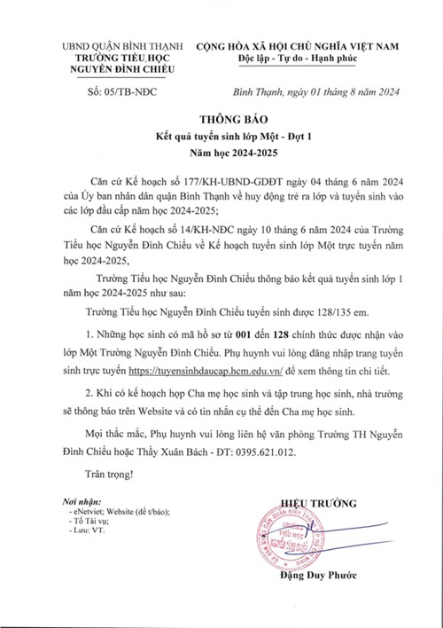 Thông báo kết quả tuyển sinh lớp 1 - Năm học 2024-2025
(Đợt 1)