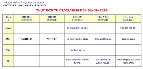 Thực đơn bán trú từ 02/09/2024 đến 06/09/2024