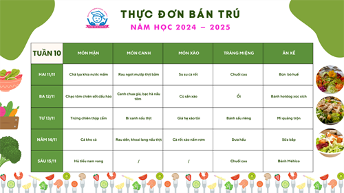 Thực đơn bán trú Năm học 2024-2025 - Tuần 10