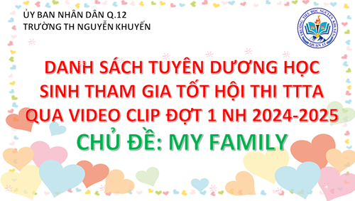 🌸🌸🌸HỘI THI THUYẾT TRÌNH TIẾNG ANH QUA VIDEO KỲ I NĂM HỌC 2024 - 2025🌸🌸🌸 Hội thi thuyết trình tiếng Anh qua video clip kỳ 1 với chủ đề “Gia đình em” (My family). Các em học sinh thuyết trình, kế chuyện ngắn hoặc làm video ngắn về cuộc sống hàng ngày trong gia đình em.