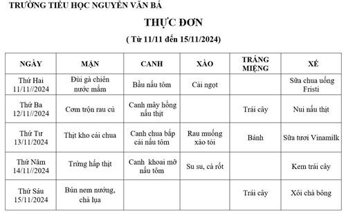 Thực đơn (Từ ngày 11/11 đến 15/11/2024)