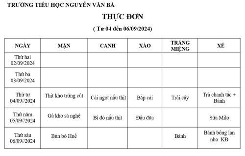 Thực đơn (Từ ngày 04/09 đến 06/09/2024)