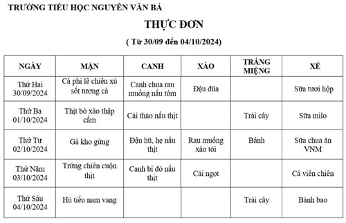 Thực đơn (Từ ngày 30/09 đến 04/10/2024)