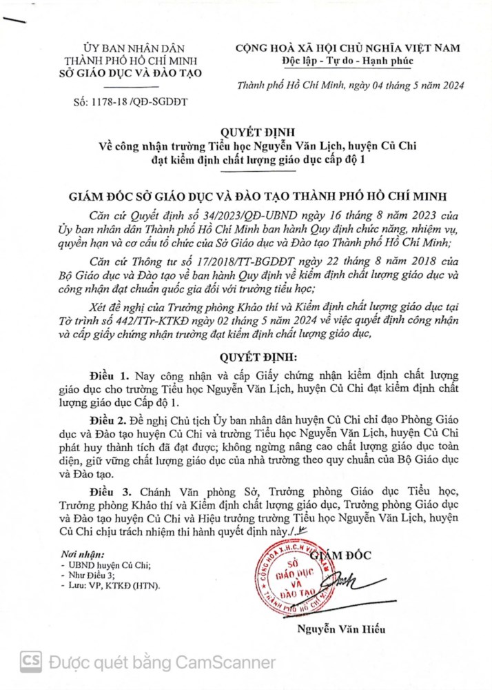 Quyết định công nhận Trường Tiểu học Nguyễn Văn Lịch đạt kiểm định chất lượng cấp độ 1