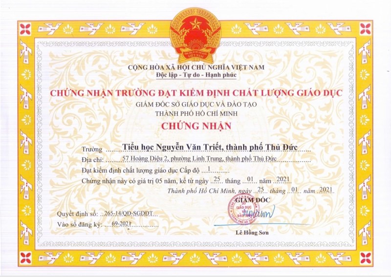 Quyết định và giấy chứng nhận Trường Tiểu học Nguyễn Văn Triết đạt kiểm định chất lượng giáo dục cấp độ 1 của Sở Giáo dục và Đào tạo Thành phố Hồ Chí Minh