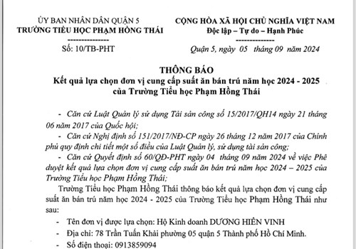 Kết quả lựa chọn đơn vị cung cấp suất ăn bán trú - Năm học 2024-2025
