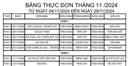 Bảng thực đơn tháng 11 /2024 từ ngày 04/11/2024 đến ngày 29/11/2024