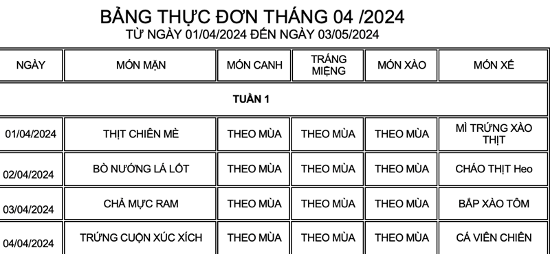Bảng thực đơn tháng 04 /2024
