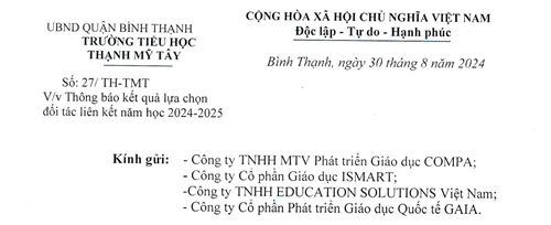 Thông Báo Kết Quả Lựa Chọn Đối Tác Liên Kết Năm Học 2024-2025