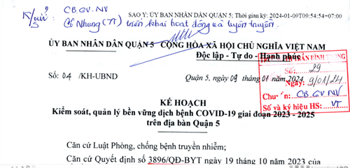 KH Kiểm soát, quản lý bền vững dịch bệnh Covid-19 giai đoạn 2023 - 2025 trên địa bàn Quận 5