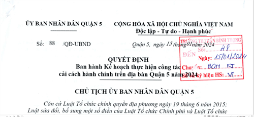 QĐ ban hành Kế hoạch thực hiện công tác cải cách hành chính trên địa bàn Quận 5 năm 2024