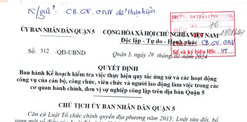  Quyết định ban hành Kế hoạch kiểm tra việc thực hiện quy tắc ứng xử và các hoạt động công vụ của cán bộ, công chức, viên chức và người lao động làm việc trong các cơ quan hành chính, đơn vị sự nghiệp công lập trên địa bàn Quận 5
 