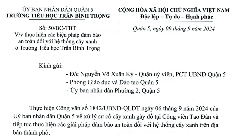 Thực hiện các biện pháp An toàn đối với hệ thống cây xanh ở Trường Tiểu học Trần Bình Trọng