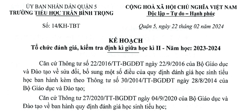 KẾ HOẠCH 
Tổ chức đánh giá, kiểm tra định kì giữa học kì II - Năm học: 2023-2024