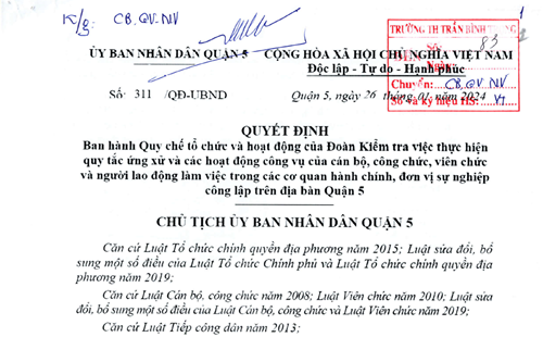 Quyết định ban hành Quy chế tổ chức và hoạt động của Đoàn Kiểm tra việc thực hiện quy tắc ứng xử và các hoạt động công vụ của cán bộ, công chức, viên chức và người lao động làm việc trong các cơ quan hành chính, đơn vị sự nghiệp công lập trên địa bàn Quận 5