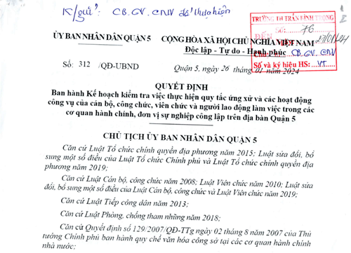 Quyết định ban hành Kế hoạch kiểm tra việc thực hiện quy tắc ứng xử và các hoạt động công vụ của cán bộ, công chức, viên chức và người lao động làm việc trong các cơ quan hành chính, đơn vị sự nghiệp công lập trên địa bàn Quận 5
