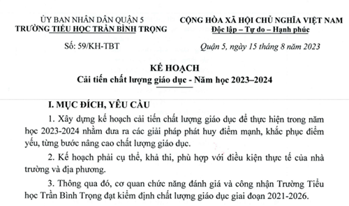 Kế hoạch cải tiến chất lượng giáo dục NH 2023-2024