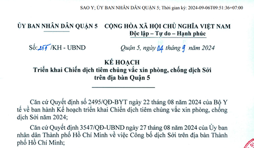 CV số 255/KH-UBND KH Triển khai Chiến dịch tiêm chủng vắc xin phòng, chống dịch Sởi trên địa bàn Quận 5