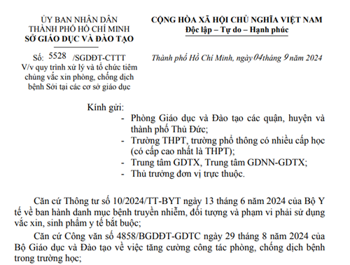 CV số 5528/SGDĐT-CTTT V/v quy trình xử lý và tổ chức tiêm chủng vắc xin phòng, chống dịch bệnh Sởi tại các cơ sở giáo dục