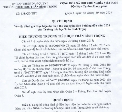 Về việc đánh giá thực hiện dự toán thu chi ngân sách 9 tháng đầu năm 2024