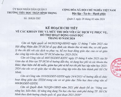 Kế hoạch chi tiết các khoản thu và mức thu đối với các dịch vụ phục vụ, hỗ trợ hoạt động giáo dục tháng 03 năm 2024
