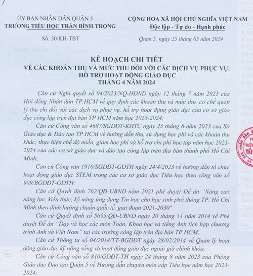 Kế hoạch chi tiết về các khoản thu và mức thu đối với các dịch vụ phục vụ, hỗ trợ hoạt động giáo dục tháng 4 năm 2024