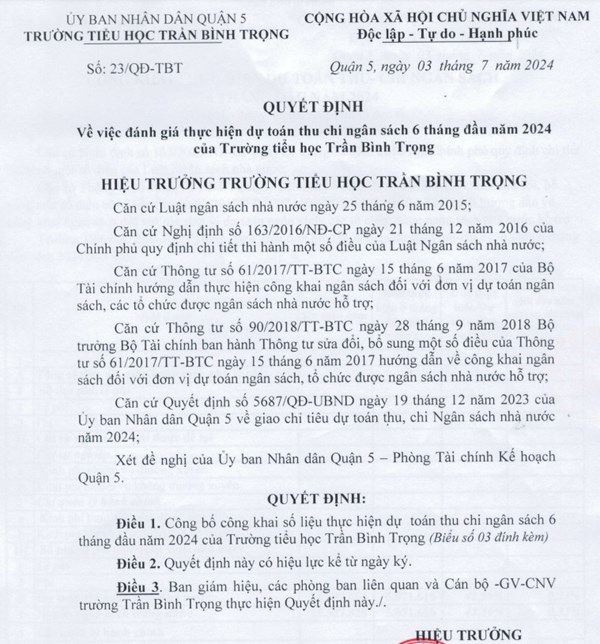 Công khai về việc đánh giá thực hiện dự toán thu chi ngân sách 6 tháng đầu năm 2024
của Trường tiểu học Trần Bình Trọng