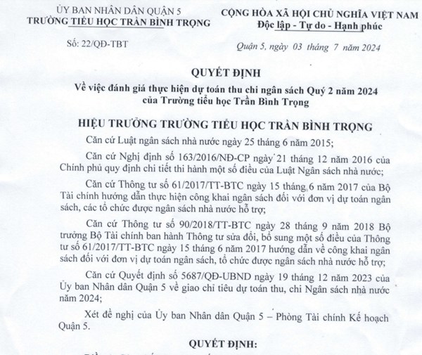 Công khai về việc đánh giá thực hiện dự toán thu chi ngân sách Quý 2 năm 2024
của Trường tiểu học Trần Bình Trọng