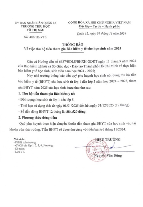 Về việc thu hộ tiền tham gia Bảo hiểm y tế cho học sinh năm 2025
