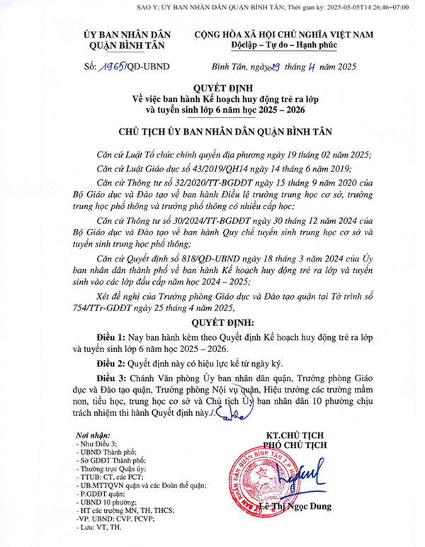 Quyết định về việc ban hành Kế hoạch huy động trẻ ra lớp và tuyển sinh lớp 6 năm học 2025 - 2026