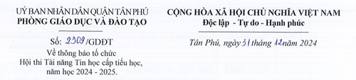 Công văn thông báo tổ chức Hội thi Tài năng Tin học cấp tiểu học, năm học 2024-2025