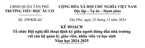Kế hoạch tổ chức Hội nghị đối thoại định kỳ giữa người đứng đầu nhà trường với cán bộ quản lý, giáo viên, nhân viên và học sinh năm học 2024-2025