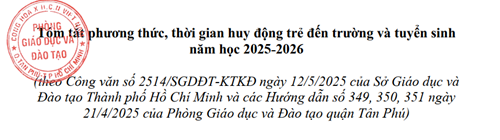 Bảng tóm tắt phương thức, thời gian huy động trẻ đến trường và tuyển sinh năm học 2025-2026
