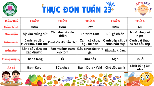 Thực đơn bữa ăn học đường Tuần 23 Năm học 2024 - 2025