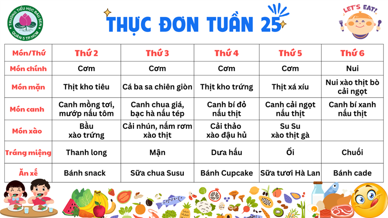 Thực đơn bữa ăn học đường Tuần 25 Năm học 2024 - 2025