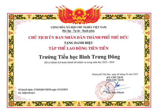 Trường Tiểu học Bình Trưng Đông được tặng danh hiệu Tập thể Lao động Tiên tiến năm học 2023-2024.