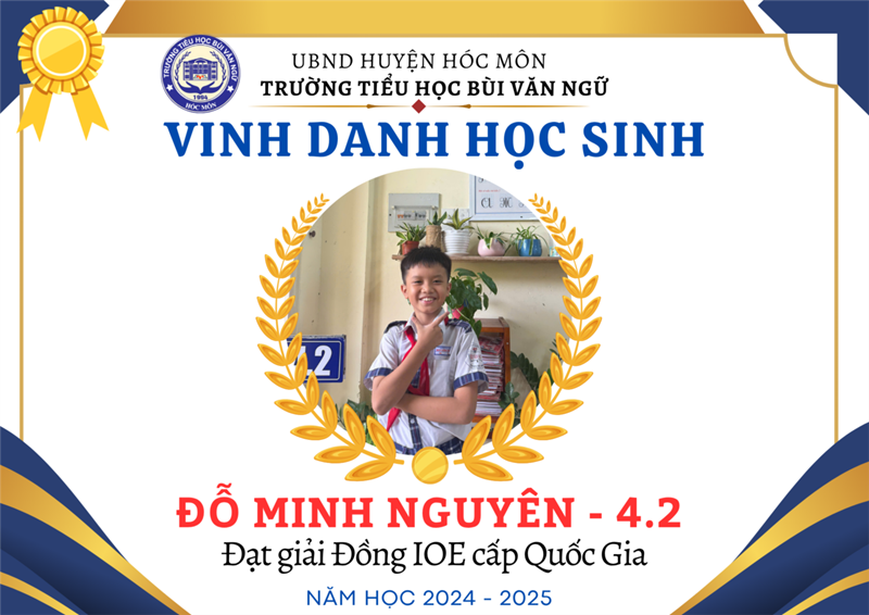 Em Đỗ Minh Nguyên lớp 4.2 đạt giải Đồng Olympic (IOE) cấp Quốc gia năm học 2024-2025