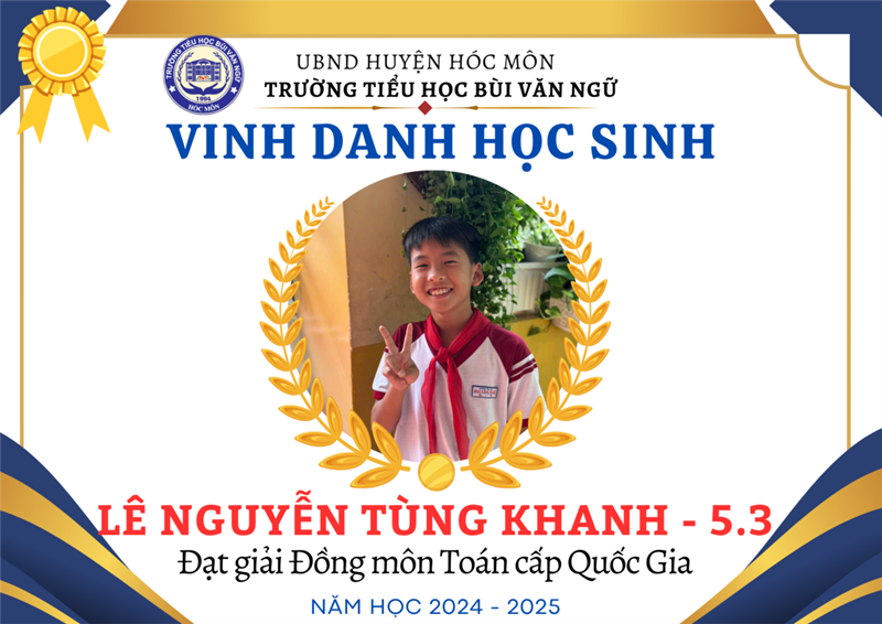 Em Lê Nguyễn Tùng Khanh lớp 5.3 đạt giải Đồng Violympic Toán cấp Quốc gia năm học 2024-2025