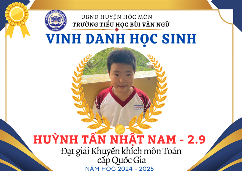 Em Huỳnh Tấn Nhật Nam lớp 2.9 đạt giải Khuyến khích Violympic Toán cấp Quốc gia năm học 2024-2025
