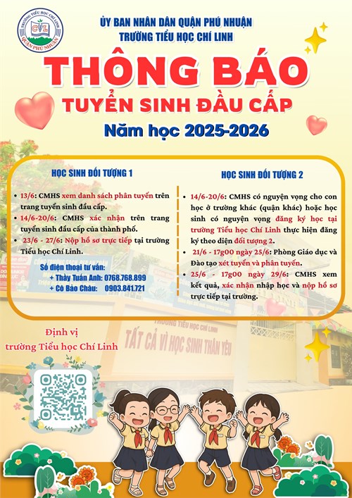Thông báo tuyển sinh lớp 1 trường tiểu học chí linh năm học 2025 - 2026