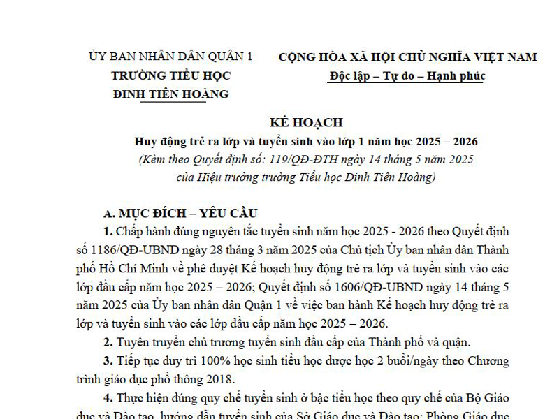 Kế Hoạch tuyển sinh Năm Học 2025 - 2026 của trường tiểu học Đinh Tiên Hoàng ngày 14-5
