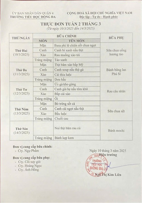 Thực đơn bán trú tuần 2 tháng 3 năm 2025
