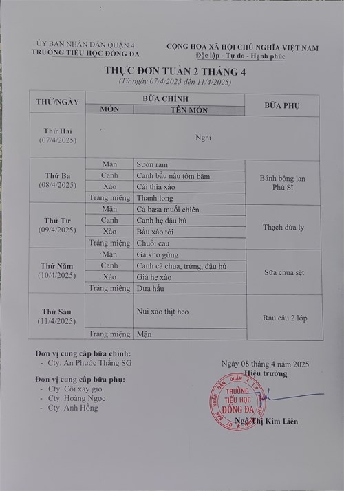 Thực đơn bán trú tuần 2 tháng 4 năm 2025