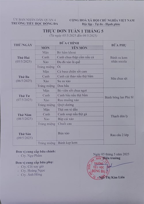 Thực đơn bán trú tuần 1 tháng 5 năm 2025