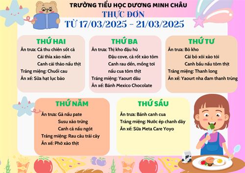 Thực đơn từ ngày 17/03/2025 đến ngày 21/03/2025