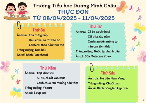 Thực đơn từ ngày 08/4/2025 đến ngày 11/4/2025
