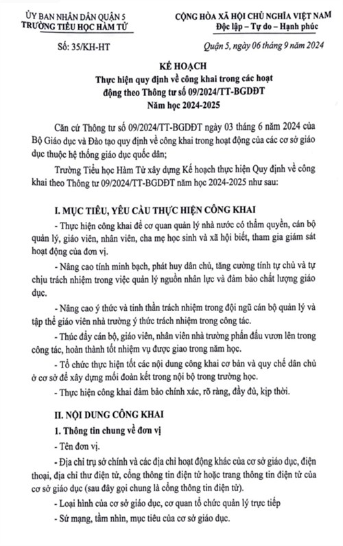 Kế hoạch: Thực hiện quy định về công khai trong các hoạt động theo thông tư số 09/2024/TT-BGDĐT NH 2024-2025