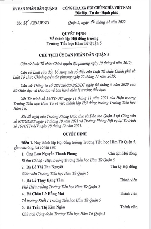 Quyết định về thành lập Hội đồng trường -  Trường Tiểu học Hàm Tử Quận 5